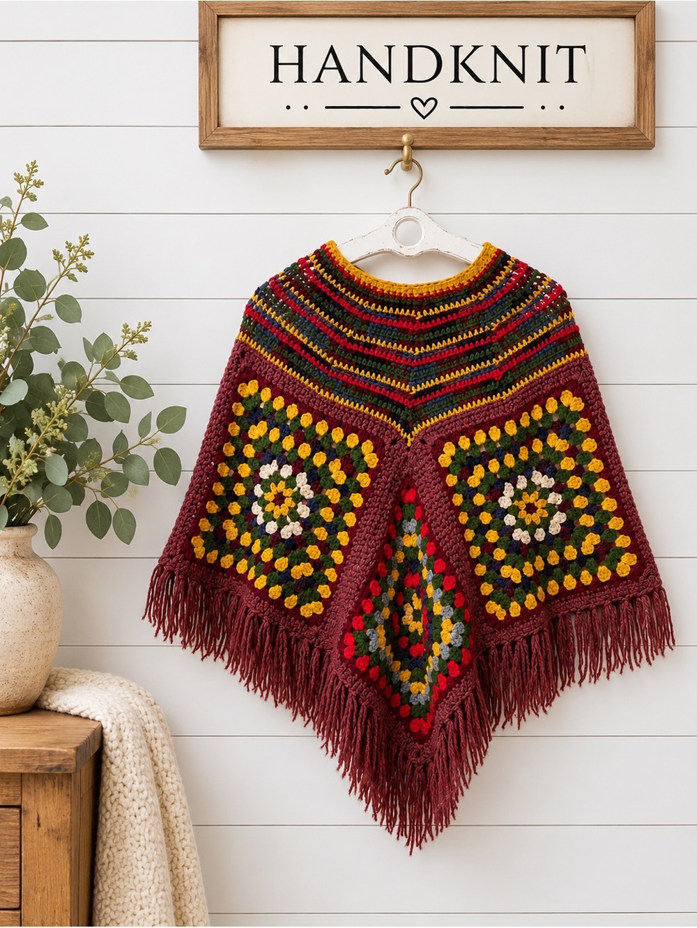 Handmade Granny Square Crochet Poncho – Kids One Size